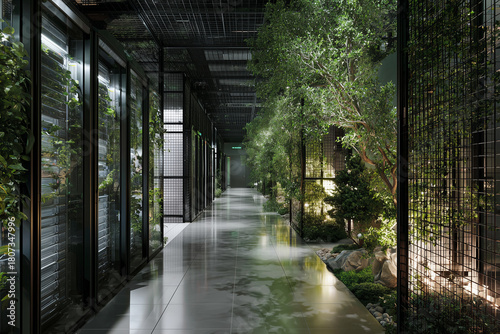 A data center with racks of energy-efficient servers, surrounded by indoor trees and plants, creating a serene and sustainable environment that reflects the future of green technol
