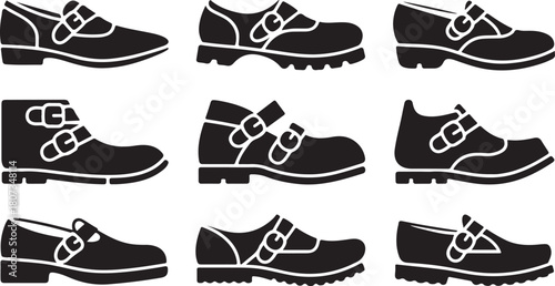 Collection of Black and White Shoe Silhouettes with Buckles footwear boot