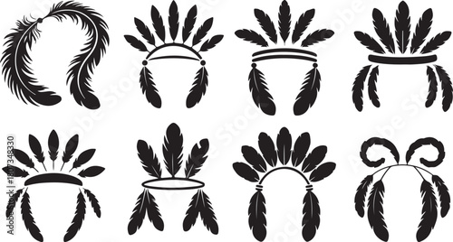 Collection of Black Feather Headdresses and Feather Ornaments Keywords: feather, headdress, native american, indian, tribal, warbonnet, plume, headwear, accessory, traditional, culture, symbol