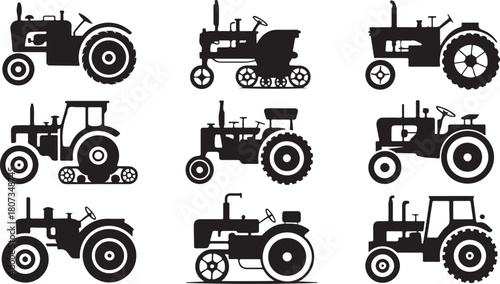 Assortment of Black and White Tractor Silhouettes vehicle agriculture