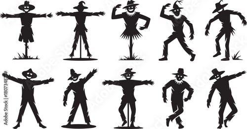 Ten Black Silhouette Scarecrows with Smiling Faces and Dynamic Poses Keywords: scarecrow, silhouette, smiling, happy, cheerful, autumn, harvest, farm, straw man, traditional, rural, country