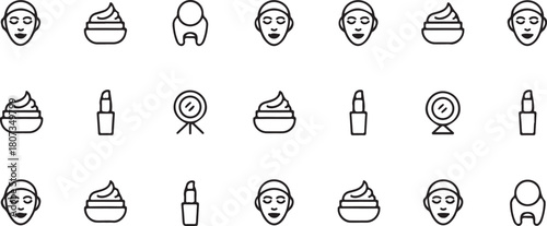 Seamless pattern shows skincare products like face cream, face mask, mirror and lipstick on white
