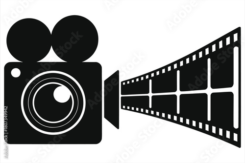 Vector Black & White Flat Cinema Camera Icon with Lens Forming Film Reel – Cinema & Photography Fusion Graphic for Filmmaking, Photography Branding, Media Production, Logo Design & Creative Projects
