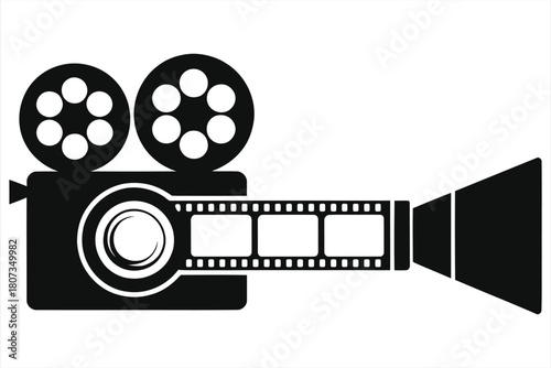 Stylized cinema camera and projector fusion icon featuring film reels and a strip lens. Creative black and white vector logo illustration for movie production, entertainment, and filming industry.