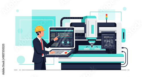 Engineer controls precision manufacturing machine through computerized interface in modern factory