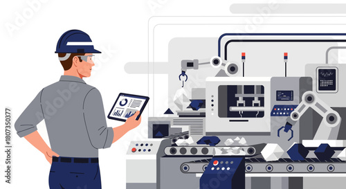 Engineer monitoring automated production line with robotic arms and tablet interface