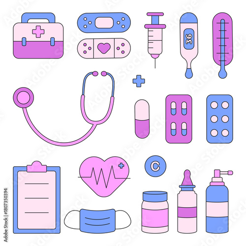 Vector set of medical supplies for the design of medical facilities in a flat style.