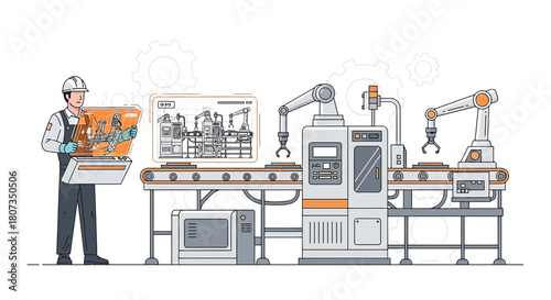 Engineer overseeing automated production line with robotic arms in a modern factory setting