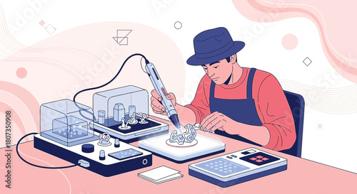 Focused artisan utilizing advanced 3D printing pen for intricate sculptural design production