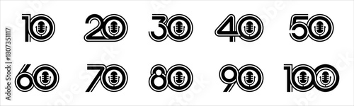 Set of collection numbers 10 to 100 with mic elements vector illustration. Mic podcast elements with numbers 10, 20, 30, 40, 50, 60, 70, 80, 90, 100 for greetings, anniversaries and more.