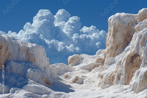 Breathtaking white limestone cliffs under vibrant blue sky with fluffy clouds