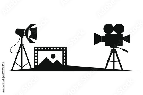 Movie Premiere Poster Composition – Minimalist Cinema Icons with Vintage Film Camera, Studio Light, and Filmstrip Frame on Neutral Background, Creative Filmmaking Banner Template, Copy Space for Text