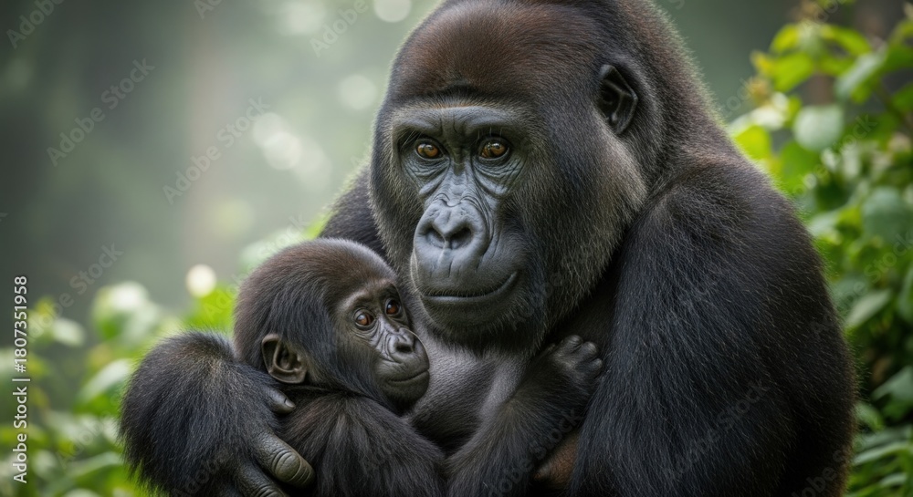 Obraz premium Gorilla mother and baby portrait, wildlife photography of primates in natural habitat, family love and care