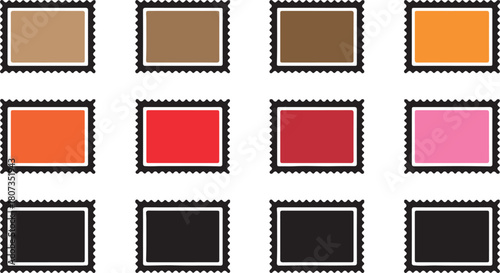 Twelve colorful rectangular stamps, arranged in a grid, showcase various shades on a white backdrop