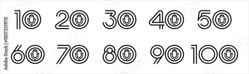 Set of collection numbers 10 to 100 with mic elements vector illustration. Mic podcast elements with numbers 10, 20, 30, 40, 50, 60, 70, 80, 90, 100 for greetings, anniversaries and more.