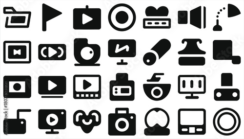 Multimedia and user interface vector icon set. Collection of solid black glyph symbols for web design including video player, camera, screen, folder, play button and digital technology elements.