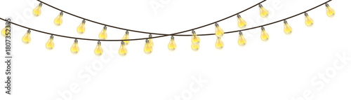 String of illuminated Edison bulbs on a dark wire string lights isolated on a transparent background
