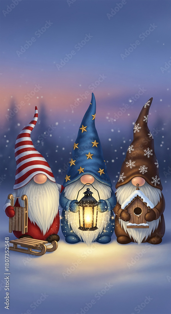 Naklejka premium Illustration of three cartoon gnomes standing in snowy landscape holding lantern and birdhouse, representing winter holiday season, cheer, and home