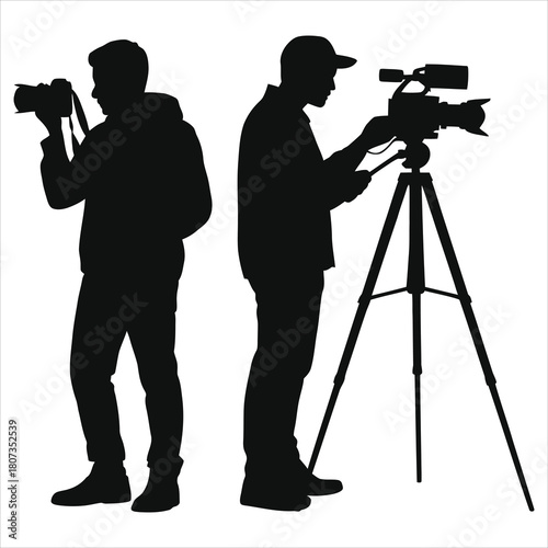  Silhouette of a Photographer with DSLR Camera and Videographer with Professional Camcorder on Tripod - Media Production Team