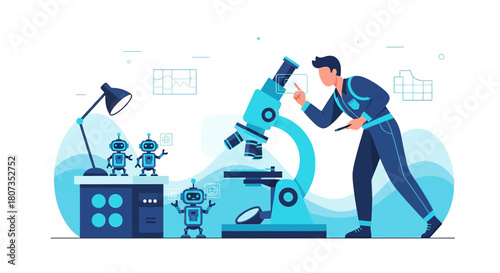 Futuristic innovation illustration featuring scientist examining robots under microscope