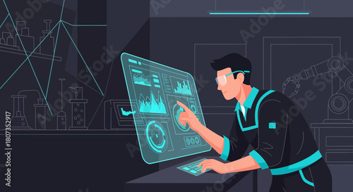 Futuristic interface interaction: Engineer engaging with a modern data visualization system