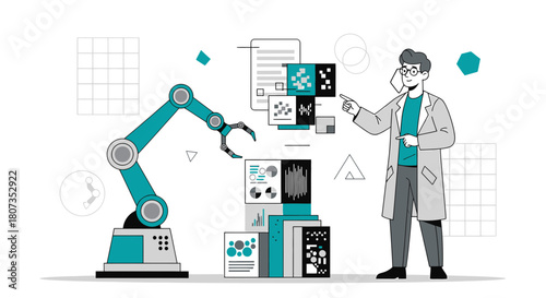 Futuristic laboratory analysis with robotic arm and scientist for modern development and research
