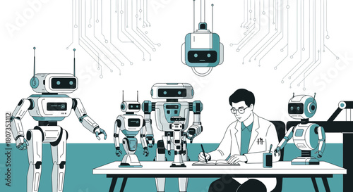 Futuristic laboratory showcases a scientist designing advanced robots for tomorrow's world