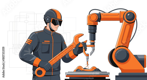 Futuristic manufacturing professional adjusting robotic arm with large wrench overseeing