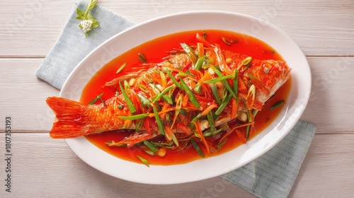 Top view of Sweet and Sour Carp, Shandong cuisine, whole carp in bright red sweet-and-sour sauce, garnished with scallions and carrot strips