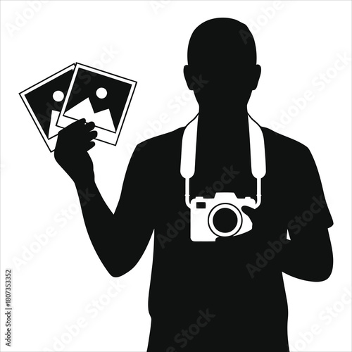 Photographer Holding Photo Prints, Silhouette Portrait of Artist Reviewing Physical Prints, Creative Workflow, Studio Photography Concept, Black and White Minimalist Design