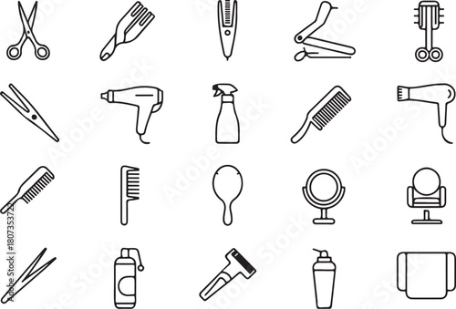 Various professional barber tools are arranged neatly on a transparent background in minimalistic black outlines
