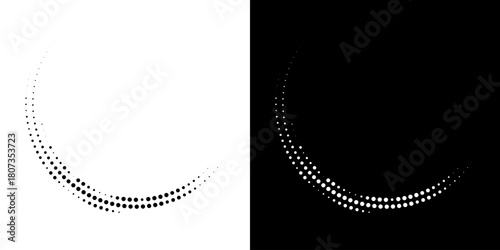 Halftone Circular Dot Pattern. Circle Frame using Halftone Dots Raster Texture. Polka Dots. Spiral logo Icon. Radial design element. Vector Illustration.