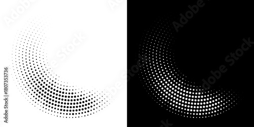 Halftone Circular Dot Pattern. Circle Frame using Halftone Dots Raster Texture. Polka Dots. Spiral logo Icon. Radial design element. Vector Illustration.