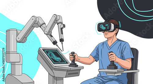 Futuristic surgeon using virtual reality to perform robotic assisted medical operation