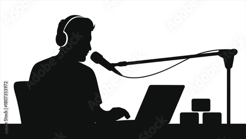 Silhouette of male podcaster recording audio in home studio with microphone and laptop. Vector illustration of man streaming, gaming, or broadcasting radio show with headphones and computer.