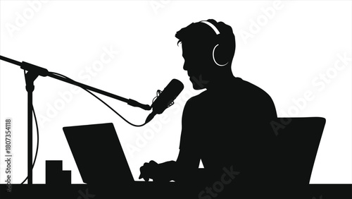 Silhouette of a YouTuber recording video and audio podcast in home studio with professional microphone, laptop, and headphones – content creator streaming, broadcasting, or online influencer work 