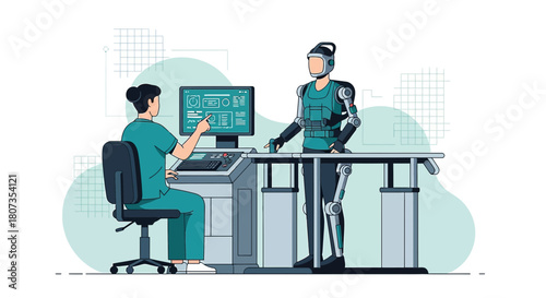 Healthcare professional interacting with a robotic medical exoskeleton in a clinical setting