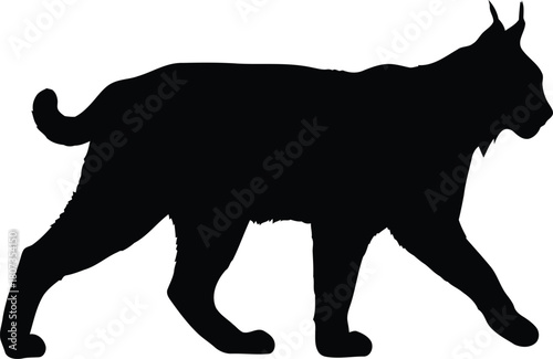 Black silhouette of a lynx walking isolated on white