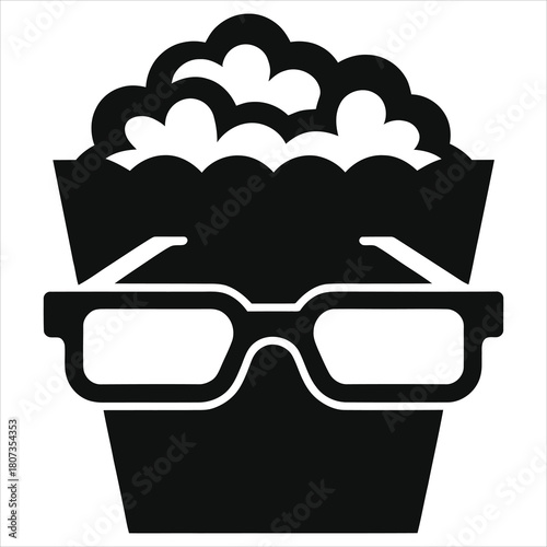 Popcorn and 3D glasses icon. Simple black silhouette vector for movie night or cinema. Film and snack combo graphic isolated on white background. Minimalist logo for a movie theater or festival.
