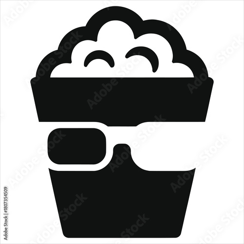 3D Glasses and Popcorn Combo Icon – Cinema Movie Night Symbol, Theater Snack & Entertainment Graphic for Film Festivals, Streaming Ads, Poster Design, and Digital Media