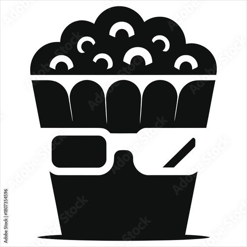 Title: 3D Glasses and Popcorn Icon – Cinema Snack Combo, Movie Night Entertainment Symbol, Black Silhouette Vector Illustration Isolated on White Background for Film, Streaming and Theater Design
