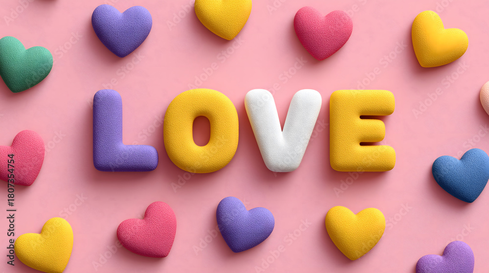 Naklejka premium Groovy Retro Repeat, valentine: Candy color hearts and word LOVE in wallpaper radiates fun, peace and good cheer on light pink background