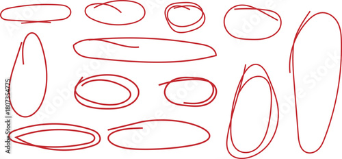 Hand drawn red crayon ovals and circles. Ellipses pencil doodle style set. Red round rough thin frames. Round freehand shapes, emphasis highlights.