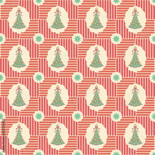 Seamless pattern with Christmas tree on red and beige background. Repeat season greetings wallpaper.