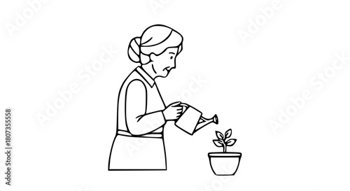 Line art drawing of a woman watering a plant, symbolizing growth, care, and nurturing