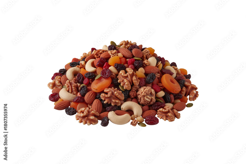 Obraz premium Vibrant, overflowing pile of assorted nuts and dried fruits, isolated on transparent background, png
