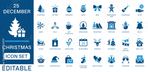 Christmas icon set. featuring Xmas elements with snow, Santa Claus, gift box, candy cane, bells, Christmas tree, snowman, angel, good wishes, Sleigh, gift bag and more. perfect vector icon collection.
