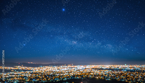 City lights glow under a vast starry night sky.
