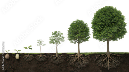 Tree growth stages from seed to mature tree with visible roots transparent background sprout