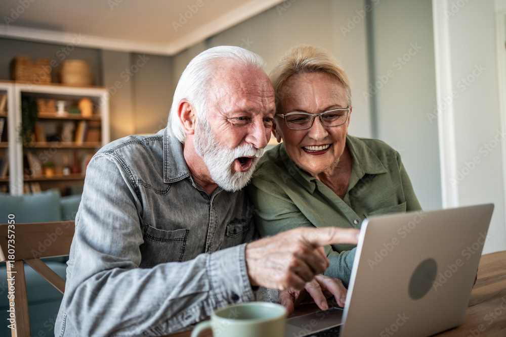 Fototapeta premium Senior couple experiencing surprise and joy using laptop
